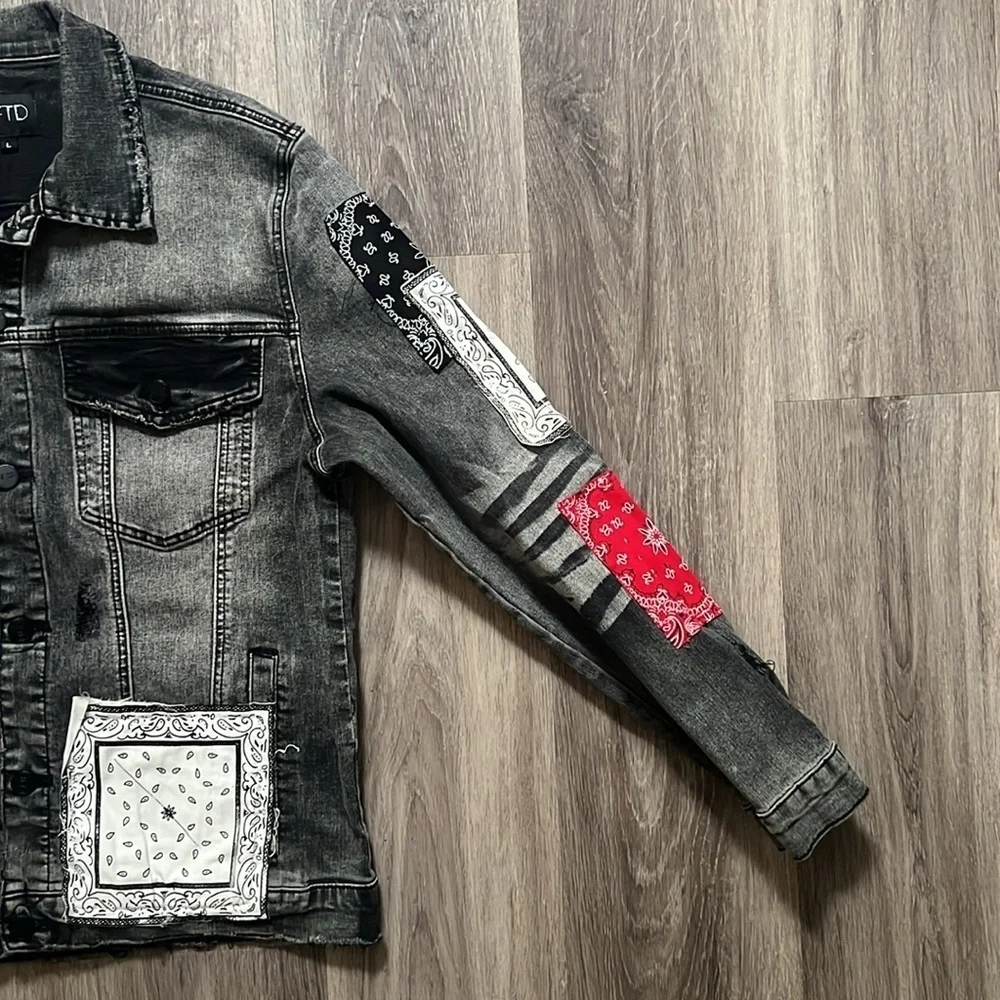 Giftd Tour Black and Red Jean Jacket Bandana Handmade Distressed Denim Large